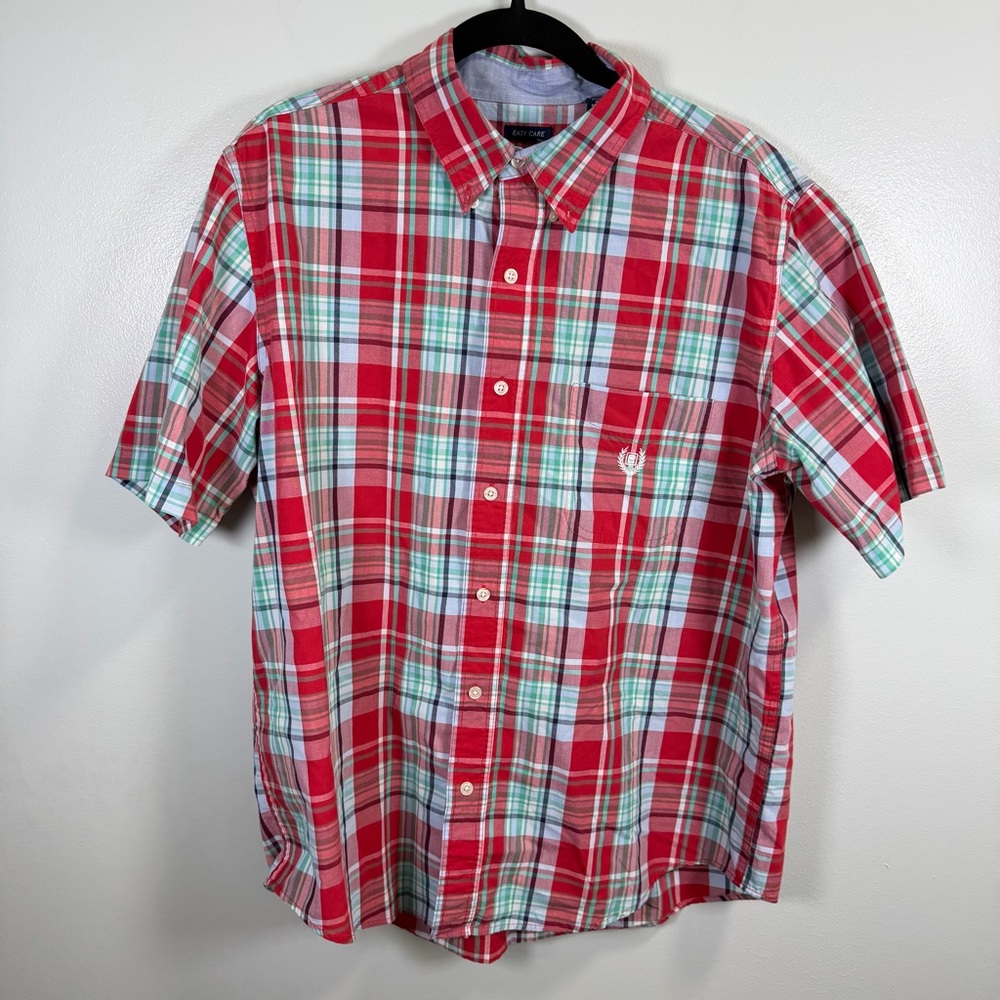Chaps Mens Large Red Plaid Short Sleeve Button Down Shirt Easy Care C41614